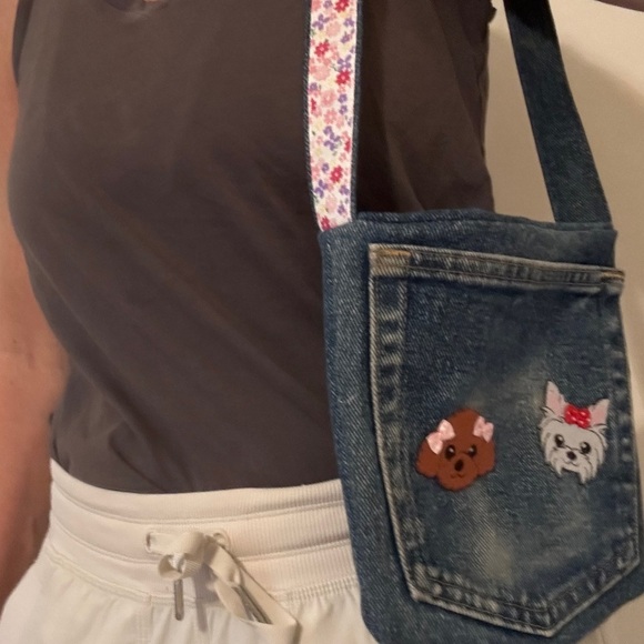 Handcrafted Upcycled Denim Bag Toe lined dog patches - Picture 2 of 8